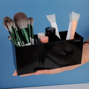 3-compartment black acrylic makeup brush holder and cosmetic organizer case