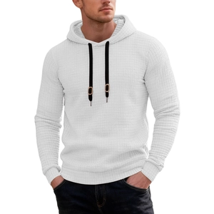 Men's white waffle knit hoodie with long sleeves and black drawstrings in a slim fit