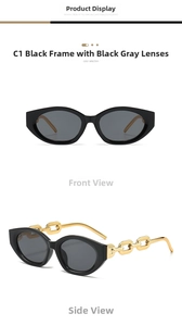 Detail of vintage oval sunglasses featuring black frames and golden chain-link temples