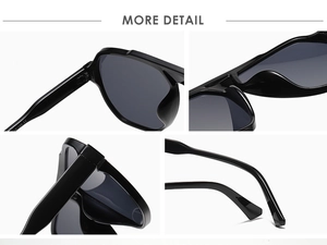Macro detail of high-gloss black sunglasses showing hinge design and CE certification