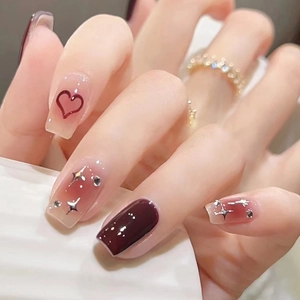 Press On Nails Long Square Gradient Wine Red Pink With Rhinestone Heart Star Design Glossy False Nails