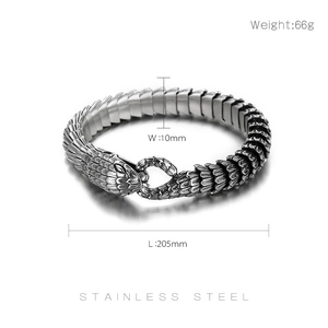 Detailed view of snake scale texture and dimensions on a stainless steel cobra bracelet