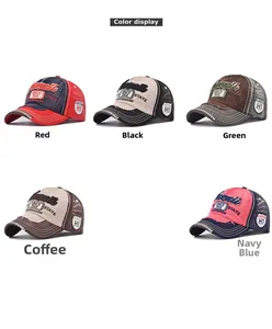 Detailed grid showing vintage washed baseball caps in red, black, green, brown and navy