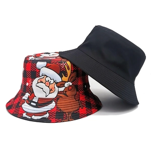 Christmas Santa and reindeer pattern red plaid bucket hat for outdoor sun protection