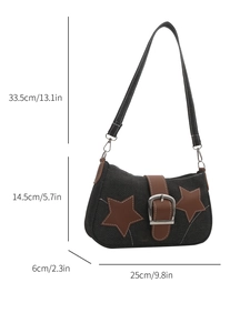 Detailed size specifications for the vintage black denim shoulder bag with star patches