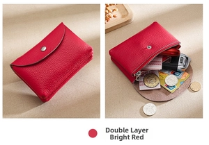 Macro shot of red pebble grain leather coin purse showing double-layer storage and texture