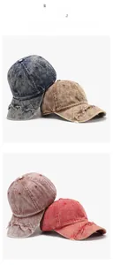 Detail showing distressed frayed brims on washed denim baseball caps in multiple colors