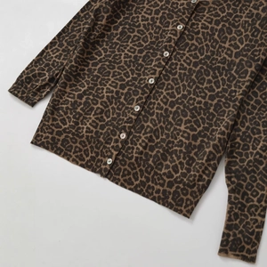 Classic leopard print long sleeve cardigan with pearl buttons and ribbed knit trims