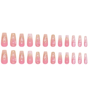 Pink gradient coffin fake nails with 3D floral designs, marble textures and gold accents