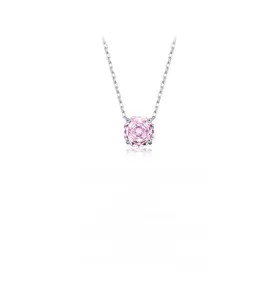 Macro view of a light pink octagonal step-cut gemstone pendant with four-prong setting