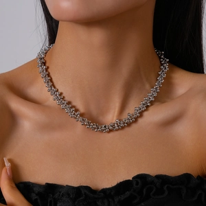 Silver bead cluster collar necklace for women with minimalist metallic finish design