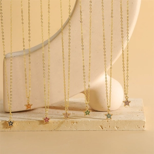 Colorful Zirconia Star Pendant Necklace For Women Gold Plated Copper O-chain Fashion Dopamine Style Star Choker Jewelry
