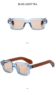 Detail of square vintage sunglasses with light blue frame and brown tinted lenses