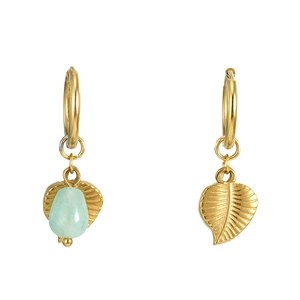 Vintage titanium steel leaf earrings with natural turquoise drop in gold finish