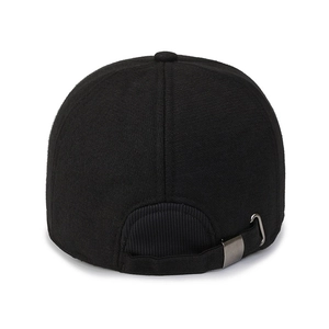 Rear view of black winter baseball cap with metal buckle and warm thermal lining