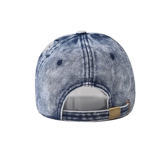 Rear view of washed blue denim baseball cap showing metal buckle and distressed detail