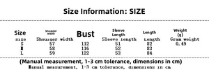 Detailed size chart for printed cotton jacket with belt showing measurements in cm