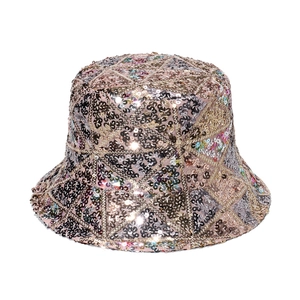 Sparkly geometric sequin bucket hat for festivals and hip-hop street fashion style
