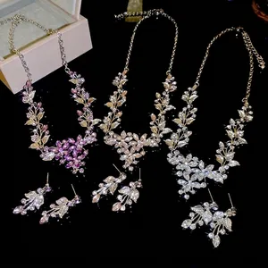 Flower Leaf Pendant Necklace Earring Jewelry Set Alloy Rhinestone With 925 Sterling Silver Earring Post Elegant Wedding Party For Women
