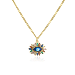 Macro detail of 18K gold plated Evil Eye pendant featuring colorful zircon stones