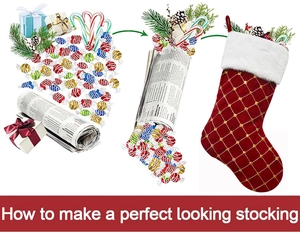 Guide on how to fill red and gold sequin Christmas stocking with gifts and candies