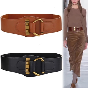 Women's Wide Corset Belt Faux Leather Elastic Waist Belt With Gold Metal Buckle Retro Cincher For Coat Suit Dress Fashion Waistband