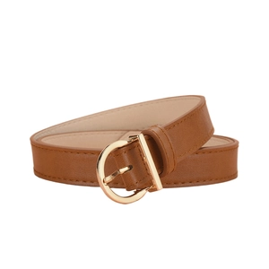 Brown PU leather belt with gold D-ring buckle, minimalist style for women on white background