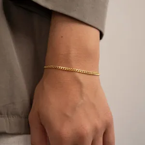 Curb Chain Bracelet 14K Gold Plated Stainless Steel Minimalist Waterproof Link Jewelry For Women And Men