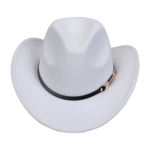Detail of white felt cowboy hat featuring black leather band and gold metal buckle