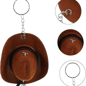 Mini brown felt cowboy hat keychain with silver star stud and metal ring for bags