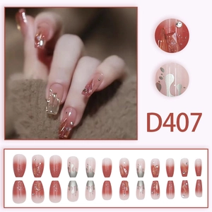 Burgundy and pink gradient press-on nails with silver fluid patterns and glitter