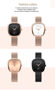 Detail von tonnenförmigen Quarzuhren mit Mailänder Mesh-Armbändern in verschiedenen Farben