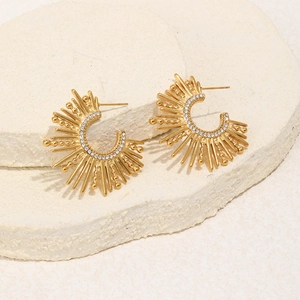 Elegant 18K gold plated C-shaped sunburst earrings with sparkling zircon inlay for women