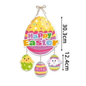 Detail view of colorful Happy Easter door hanging with chick and bunny showing dimensions
