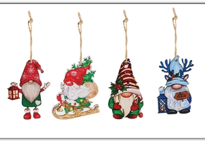 Detail of 4-piece wooden Christmas gnome hanging ornaments set with Merry Christmas sign