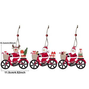 Three-piece set of wooden Christmas ornaments featuring Santa and elk riding bicycles