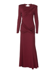 Elegante abito lungo bordeaux a maniche lunghe con design a pieghe incrociate e vestibilità slim