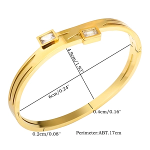 18K gold-plated titanium steel cuff bracelet with rectangular zircon stones and measurements