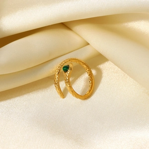 Detailed close-up of 18K gold plated snake ring featuring malachite and scale texture