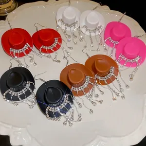 Cowboy Hat Dangle Earrings With Rhinestone Tassel Alloy Waterdrop Long Western Style Fashion Jewelry For Women
