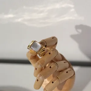 Retro 18K gold plated titanium ring with square shell inlay and vintage textures
