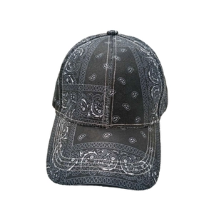 Detailed close-up of a black baseball cap featuring an all-over white paisley pattern