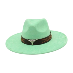 Detail of mint green wide brim fedora with brown leather band and silver bull head emblem