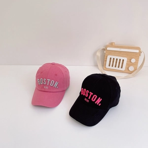 Detail of pink and black cotton baseball caps with BOSTON 1630 embroidery
