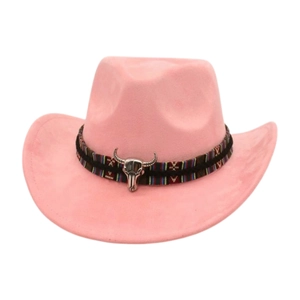 Pink felt fedora hat featuring a silver bull head charm and bohemian braided band