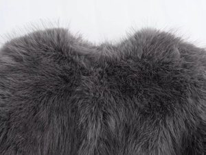 Close-up of the grey faux fur texture showing soft fluffy fibers on the jacket