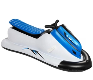 Detail view of inflatable water motorcycle float with handles and blue stripe patterns