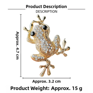 Detailed view of crystal-encrusted frog brooch with dimensions 4.7cm x 3.2cm