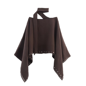 Haut Poncho Asymétrique Pour Femmes Orné De Rivets Dos Nu Chemisier Décontracté Ample Marron Café Mode Streetwear