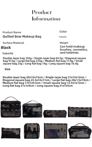 Size chart showing dimensions and weights for 8 black mesh makeup storage bags